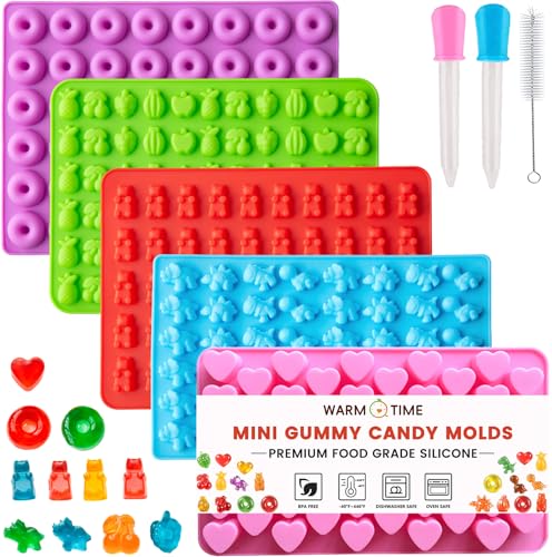 Image of WARM TIME Gummy Bear Candy Molds Silicone, Mini Gummy Molds with 2 Droppers & 1 Cleaning Brush, Food Grade Non-Stick Silicone Molds Including Heart, Dinosaur, Bear, Donut, and Fruit, Set of 5