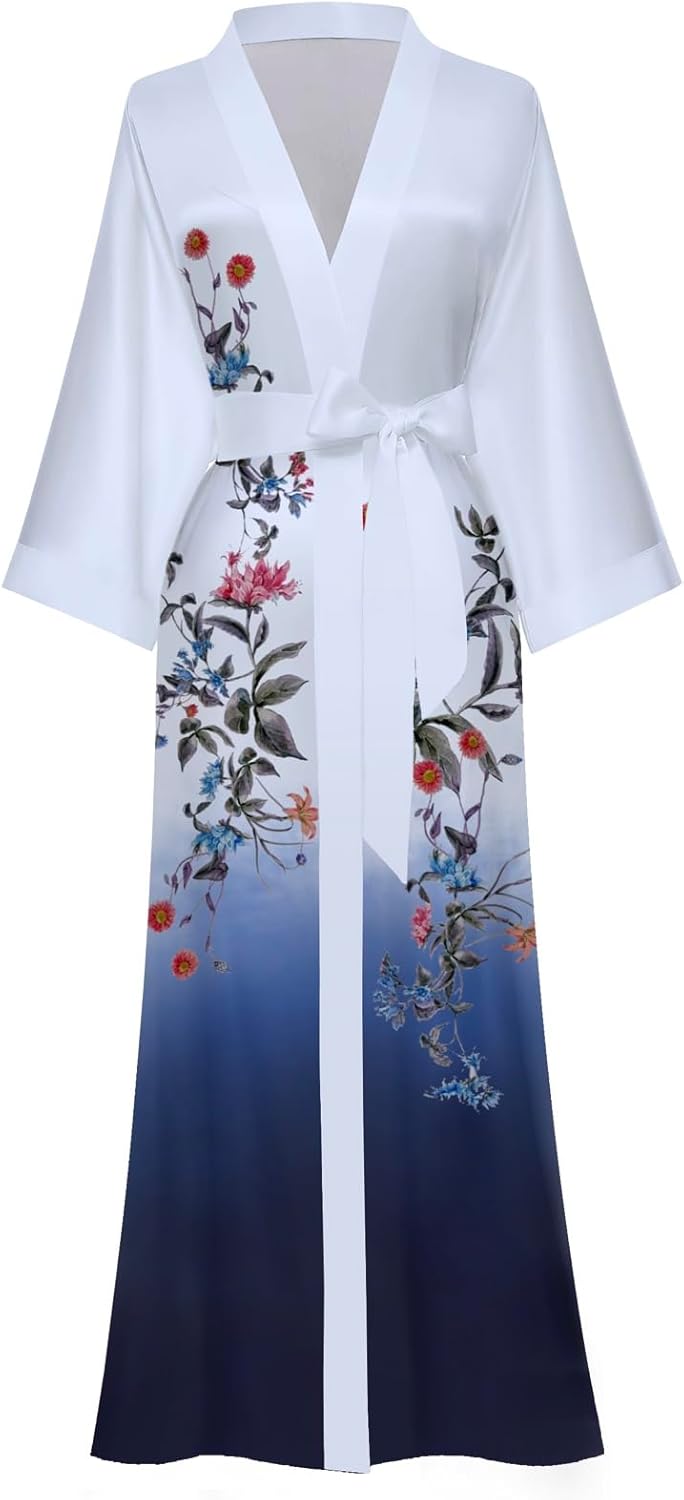 Women's Long Kimono Robe Floral Silk Robe Satin Silky Bathrobe Sleepwear Bridesmaid Wedding Robes