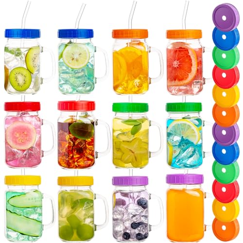 wookgreat Mason Jars with Handle, 12 Pack 16oz Mason Jar Drinking glasses with lid and straw, Mason Jar Cups, Regular Mouth Mason Jar mugs for Iced Coffee, Smoothie, Airtight Lids for Food Storage