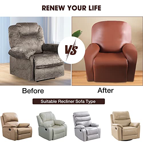 Pu Leather Recliner Slipcovers With Pockets，4 Pieces Waterproof Stretch Recliner Chair Covers，Washable Furniture Protector With Anti-Slip Elastic Strap Shield For Pets Kids Children Pets (Brown) #TOP6
