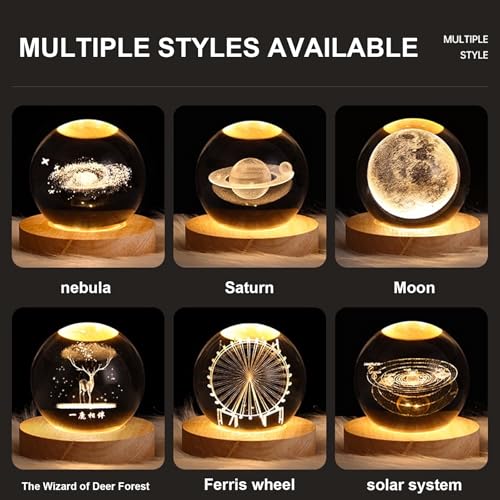 Image of FQQWEE 3D Crystal Ball Night Light, Saturn Lamp Crystal Ball, 3D Solar System Night Light with Wood Base, LED Galaxy Planet Nightlight Bedroom Decor, Art Gifts