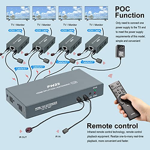 1X4 Hdmi Extender Splitter Over Cat5E/Cat6/Cat7 Ethernet Cable Up To 50M/165Ft - Edid Management & Bi-Directional Ir Remote Control & Poc Function Support 1080P@60Hz 3D (1 In 4 Out / 4-Port) #TOP3
