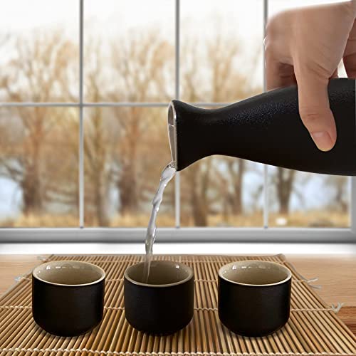 Black Ceramic Traditional Japanese Sake/Saki Set, 7 Piece Set For Hot & Cold Sake With 1 Tokkuri And 6 Sake Cups #TOP4