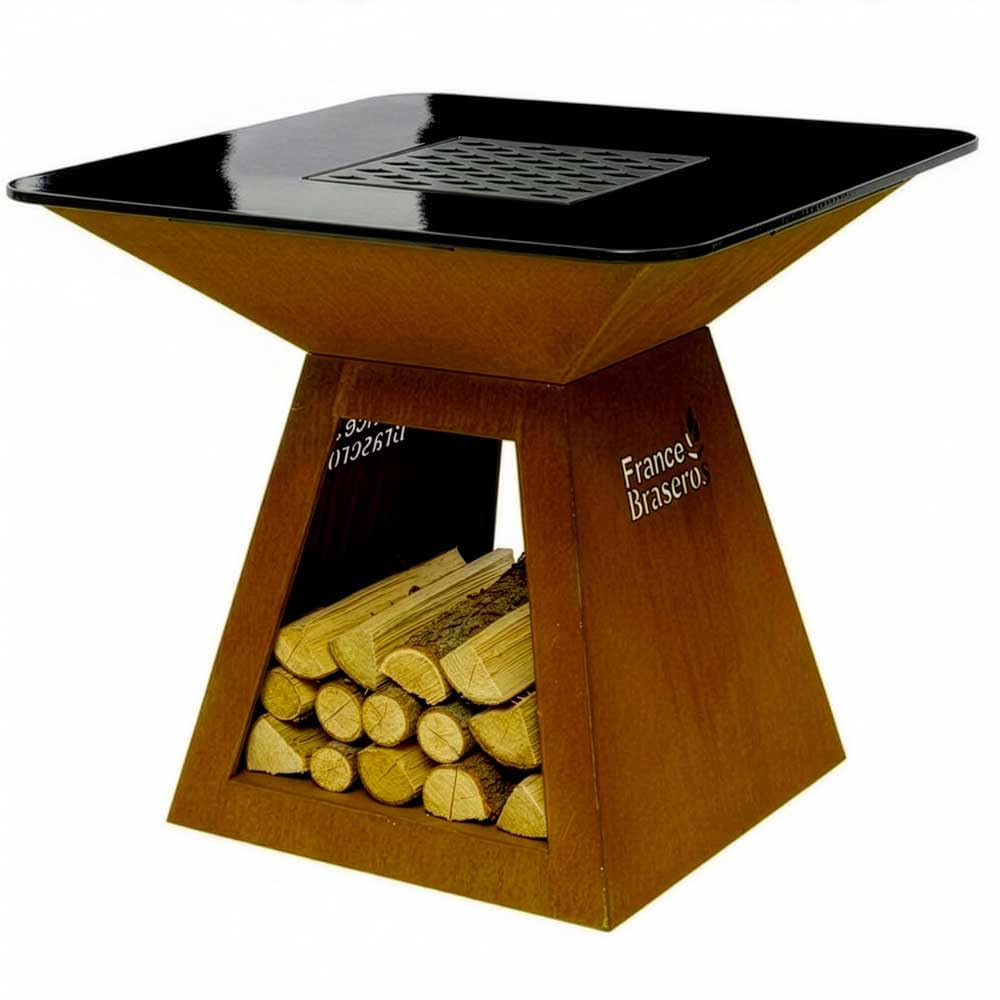 Braséro Plancha Grill Barbecue en Acier Corten Ø100cm avec Meuble Trapèze de Rangement pour Le Bois | Jardin, Terrasse, Extérieur