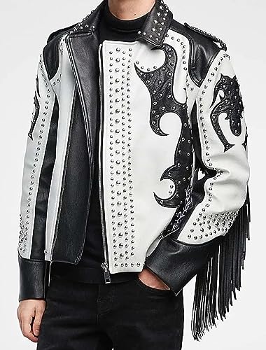 New Men Black & White Studded And Fringed Biker Leather Jacket (2Xl) #TOP1