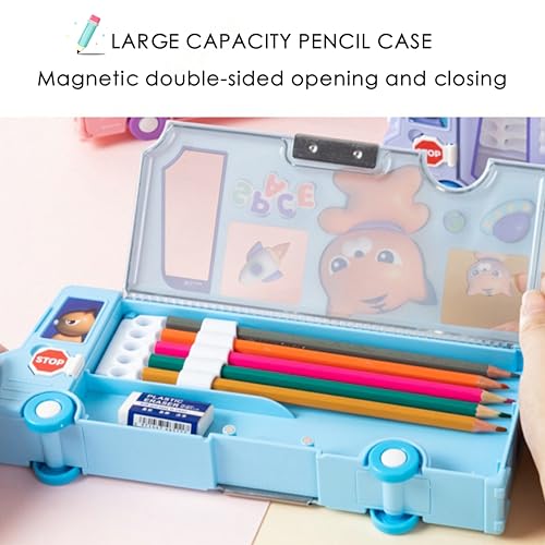 Image of School Bus Pencil Case, Cartoon Pen Box with Sharpener, Large Capacity Stationery Organizer, Best Birthday Gifts for Kids Teens School Supplies(Blue)