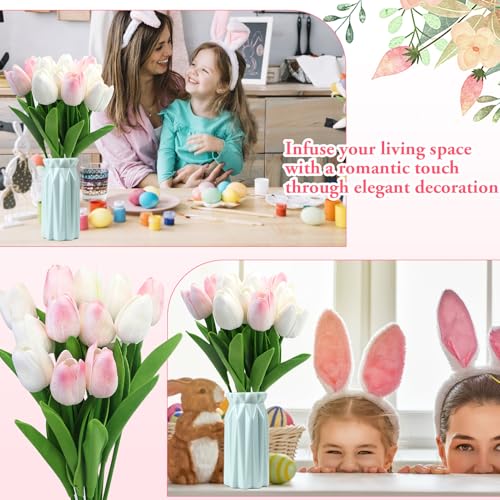 EASYKEENECOM Lot de 12 Tulipes Artificielles avec 2 Couleurs Fleurs Faux Fleurs Tulipes en Latex Real Touch pour Fête Maison Décoration De Mariage et DIY Décor (Blanc & Rose) – vue 5
