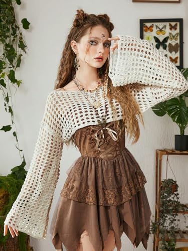 WDIRARA Women's Crochet Crop Tops Shrugs Y2k Hollow Out Sweater Knit Crochet Long Sleeve Crop Tops3