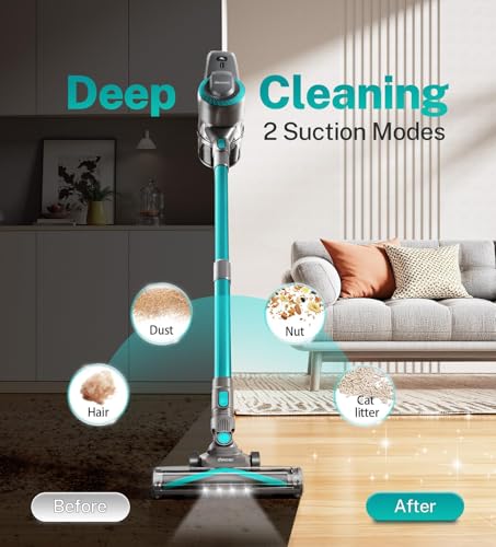 Image of DEVOAC Cordless Vacuum Cleaner, Ultra-Lightweight Stick Vacuum, 2200mAh Battery Up to 40mins Runtime, 6 in 1 Powerful Handheld Vacuum for Home Hard Floor Carpet Pet Hair (Green)