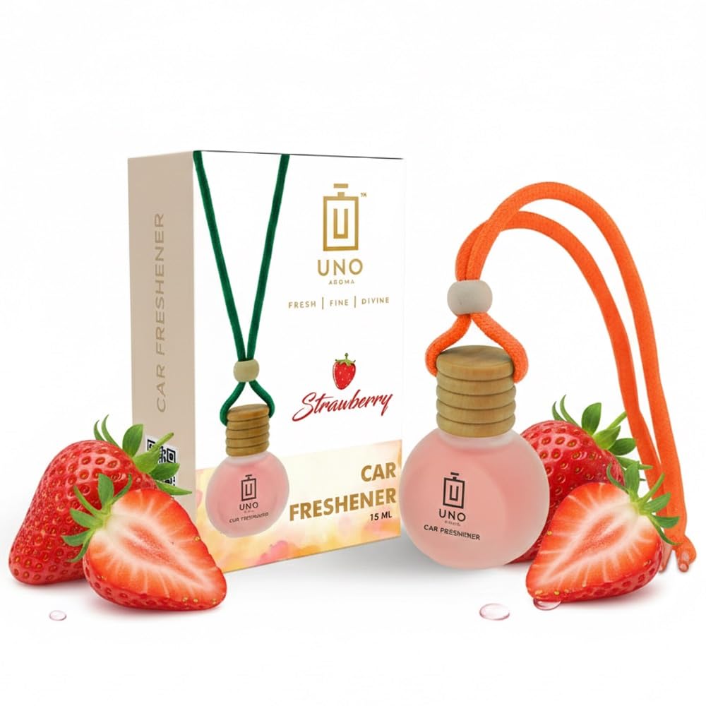 UNO AROMA Car Air Freshener | Long Lasting Car Hanging Perfume Pod | Natural Essential Oil in Glass Bottle with Wooden Diffuser | Fragrance-Strawberry | Car Accessories | 15ml | Last Upto-30 Days-image-43