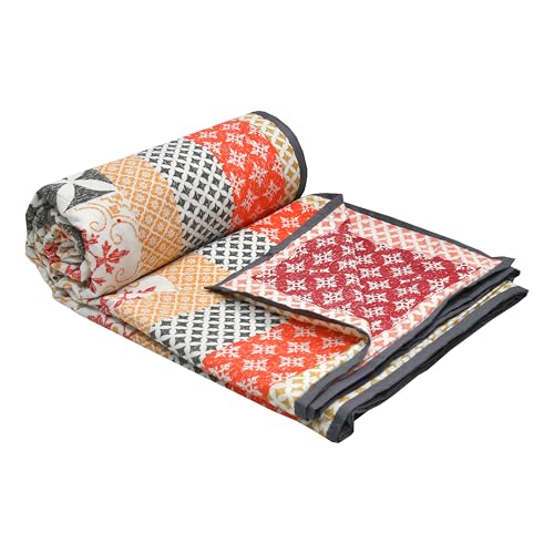 Image of BLOCKS OF INDIA 100% Cotton Dohar King Size Reversible Hand Block Printed Malmal Summer Dohar /Blanket (Orange Ikat, 300 Tc)