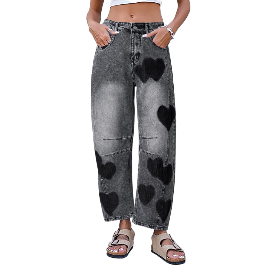 Straight Leg Jeans for Women High Waist Heart Printed Baggy Denim Pants Vintage Seam Front Wide Leg Jeans