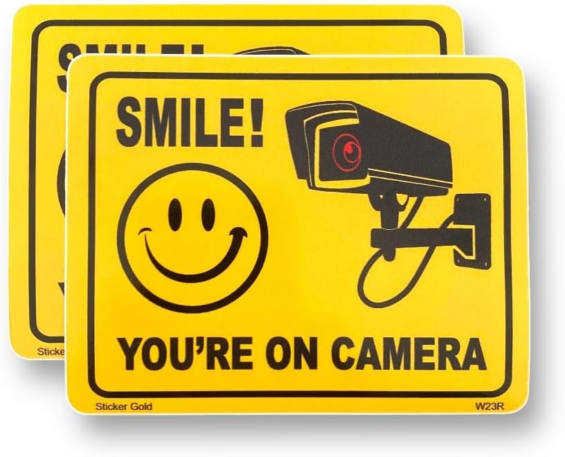 2 PACK - Small 11cm X 8.5cm SMILE YOUR ON CAMERA CCTV Self Adhesive Stickers - Yellow/Black, Sign, Warning, Private Property, Surveillance