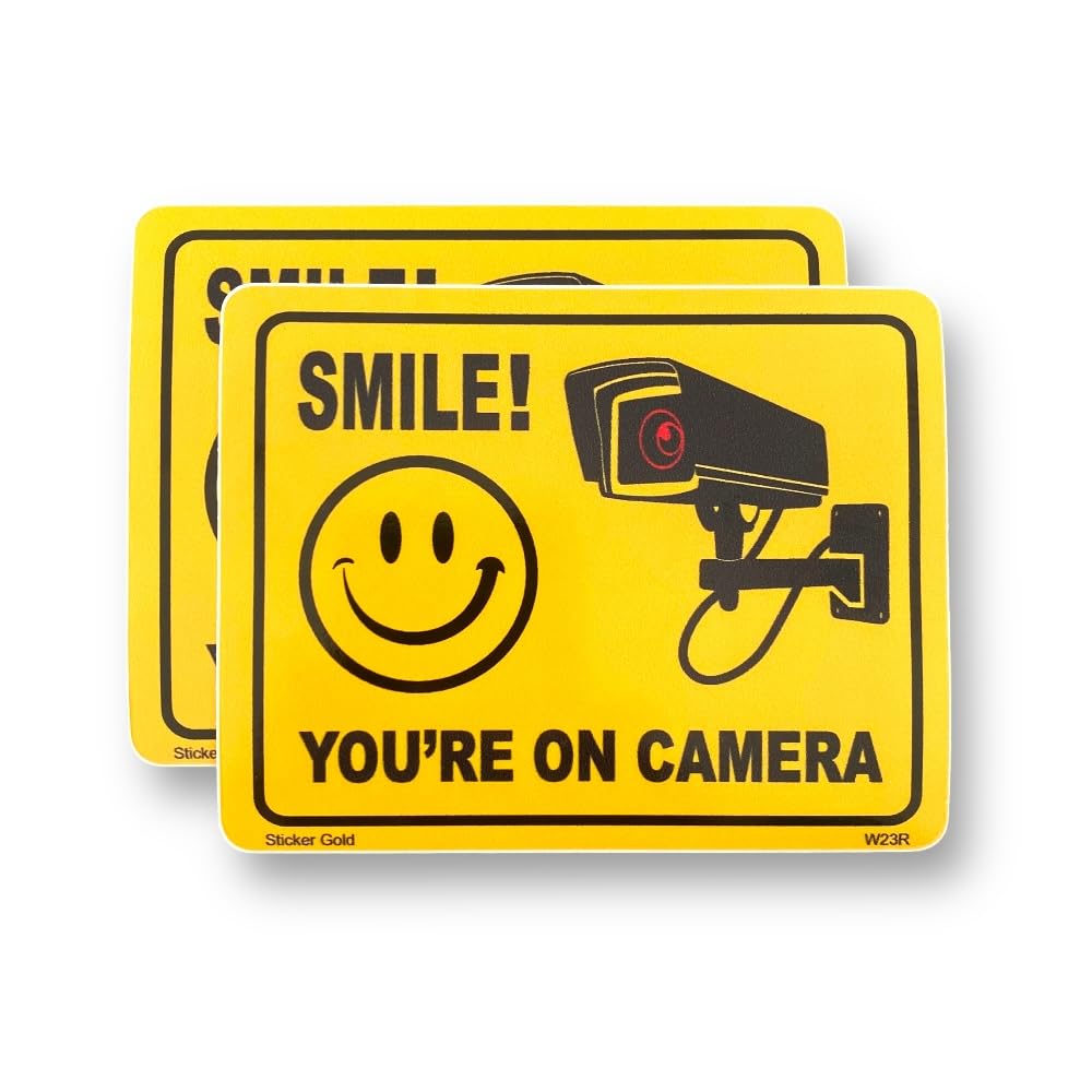 2 PACK - Small 11cm X 8.5cm SMILE YOUR ON CAMERA CCTV Self Adhesive Stickers - Yellow/Black, Sign, Warning, Private Property, Surveillance