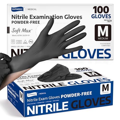 Supmedic Disposable Nitrile Gloves, Chemical Resistant, Powder-Free, Latex-Free, Food Safe, Medical Exam Gloves, Black, Medium, 100 Pcs