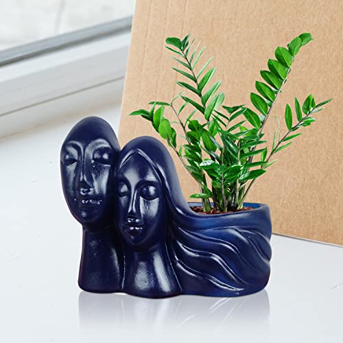 Image of Lasaki Couple Blue Ceramic Pots for Indoor Plants, Planters, Flower, Pots, gamla, Outdoor, Balcony, Home, Garden, Office Decor, Succulent Pot(L - 16 X W - 10 X H - 14.5 cm)(Plants not Included)