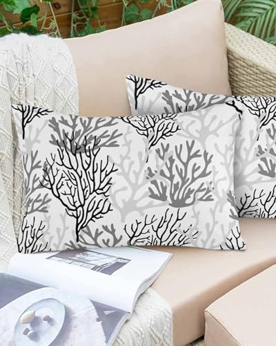 Boanket Lumbar Pillow Covers 12 x 20 in, Black Gray Coral Coastal Waterproof Throw Pillow Cover Set of 2, Summer Beach Seaside Nautical Home Decorative Rectangle Cushion Covers for Patio/Couch/Garden