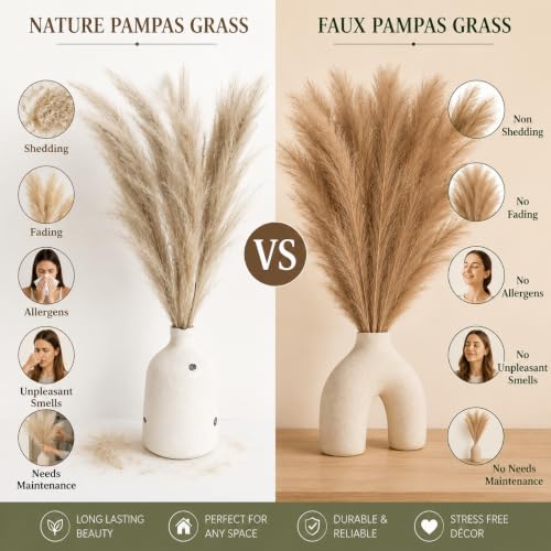Image of CURATED CART Faux Pampas Grass, 12 Pcs Small Artificial Flowers for Home Decoration, Office, Bedroom, Living Room, Table Decor, 41 cm Height, (Without Vase)