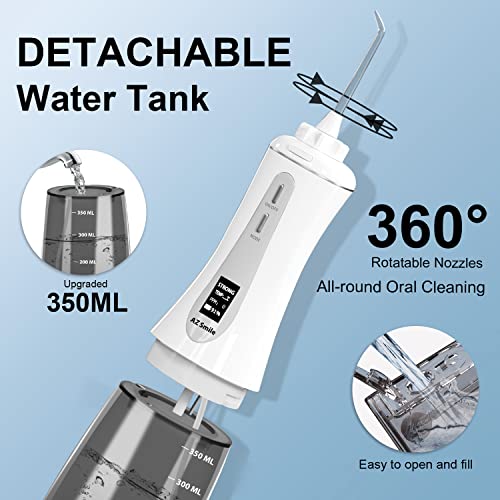 AZ-Smile-Dental-Flossers-Cordless-for-Teeth-Cleaning-350ML-Portable-Oral-Irrigator-with-5-Modes-8-Jet-Tips-OLED-Display-Rechargeable-Teeth-Cleaner-with-Detachable-Water-Tank-for-Home-Travel-Shower