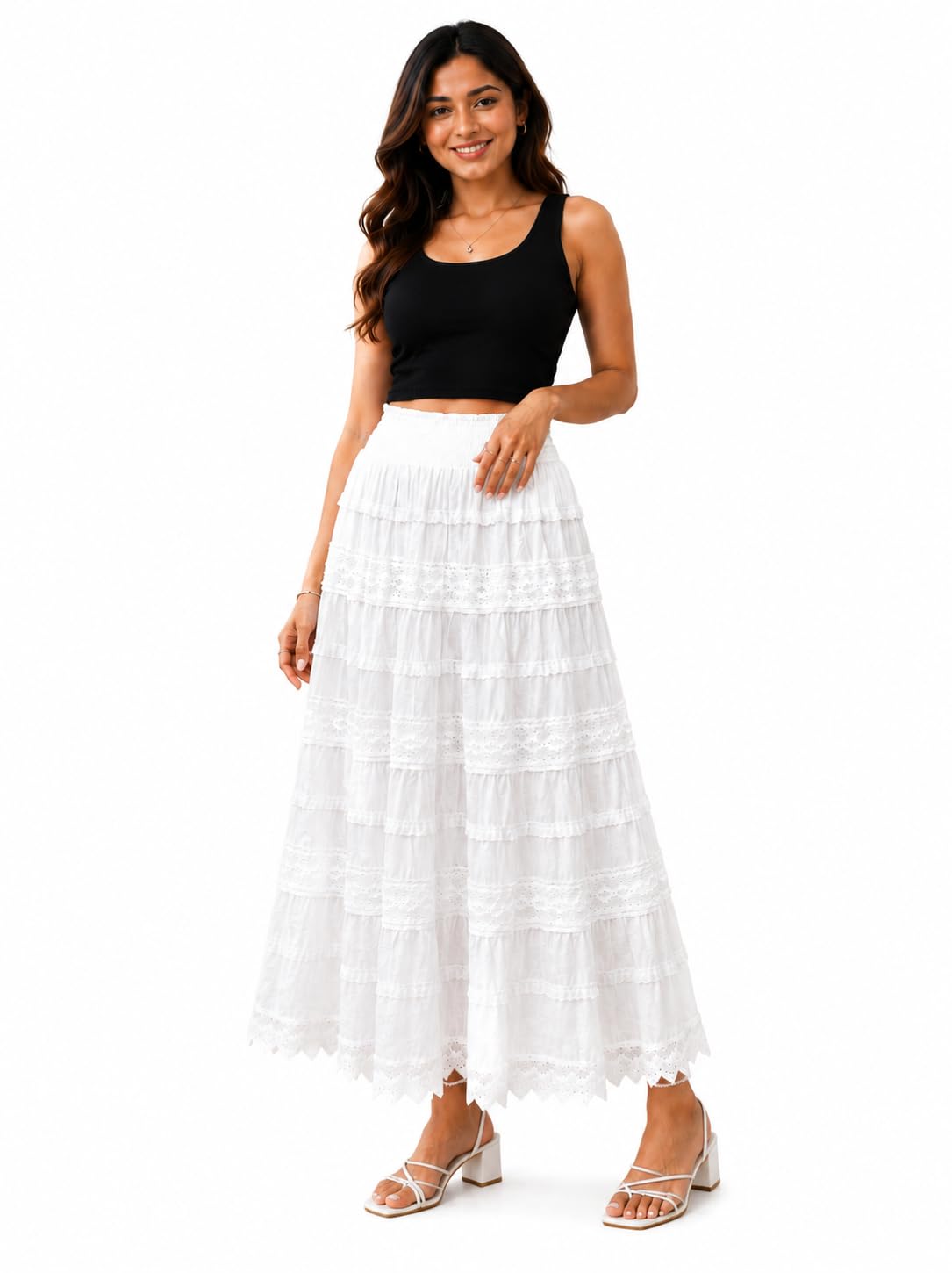 Rangani White Cotton Boho Maxi Skirt for Women-image-36
