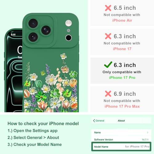 Image of Designed for iPhone 17 Pro Case Floral for Women Girls, Green | Cute Oil Painting Flower Pattern Liquid Silicone Phone Case [Full Camera Protection] Slim Soft TPU Protective Cover