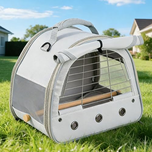 Image of Bird Travel Carrier Cage, with Stainless Steel Metal Window and Wood Perch, Portable Bag for Cockatiel Parakeet Conure Green Cheek Budgie (Grey, Steel Window)