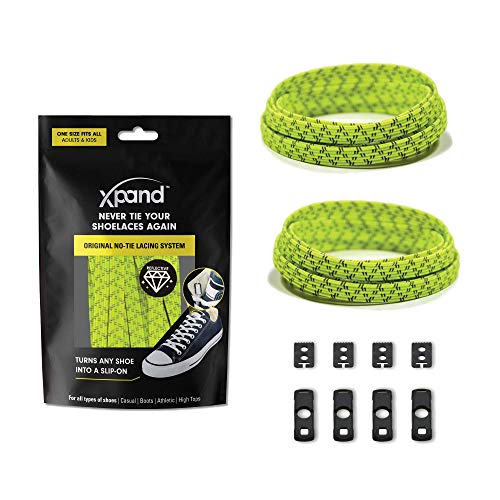 Xpand No Tie Shoelaces System with Reflective Elastic Laces - Lemon Lime - One Size Fits All Adult and Kids Shoes