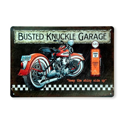 Image of Decorative Retro Metal Signs Wall Plate - 12x8 Inch (Bust Knuckle Garage) | Weatherproof Vintage Metal Sign Plate for Cafe, Home, Bar, Garage | Decorative Wall Hanging Sign Board