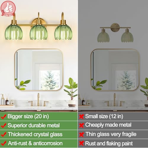 Meybiok Bathroom Light Fixtures, 3-Light Brushed Gold Vanity Lights with Green Tulip Glass Shade, Vintage Vanity Wall Lights for Mirror Bedroom Living Room Hallway