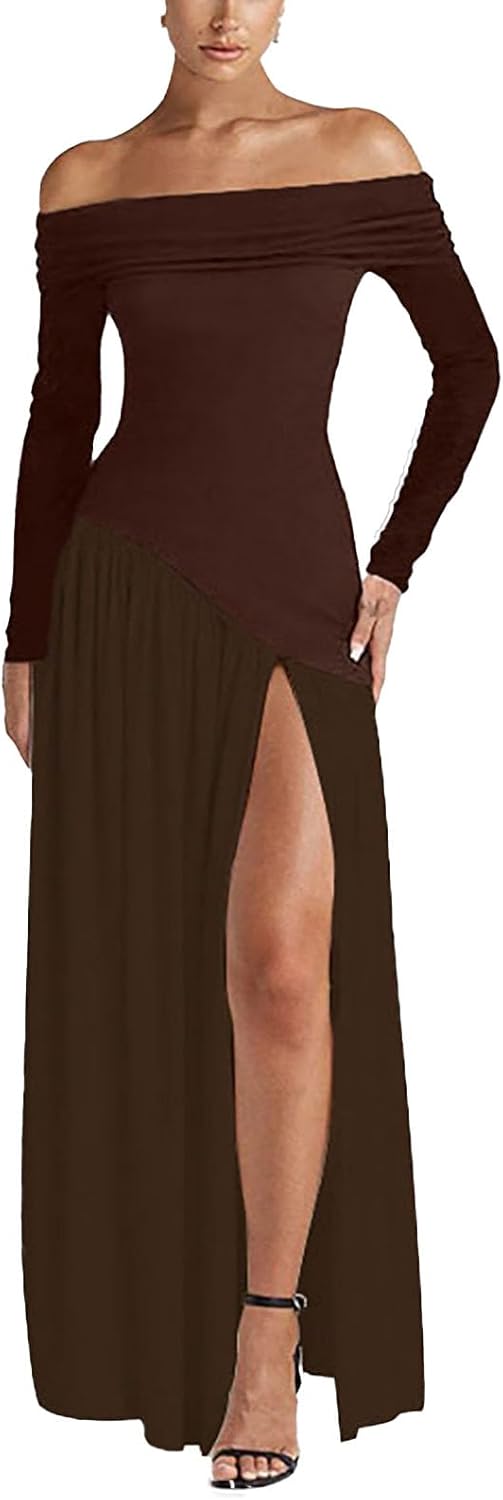 Long Sleeve Off The Shoulder Dress for Women Bodycon High Split Long Maxi Cocktail Fall Wedding Guest Dresses