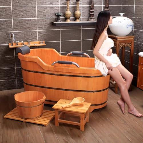 TT-YEC Freistehende Badewanne Aus Natureiche, Tragbare Holzbadewanne Mit Handläufen Und Kopfstütze, Warmwasserbadewanne, Massivholzbadewanne Mit Hocker, Sauna-Spa-Badewanne,L160cm – Bild 4