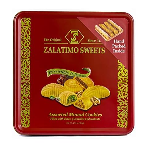 Zalatimo Sweets Since 1860, 100% All Natural Assorted Mamoul Shortbread Cookies, Square Metal Gift Tin, Slightly Sweet Cookies, Pistachio, Walnuts, Dates, No Preservatives, No Additives, 1.7Lbs Cover
