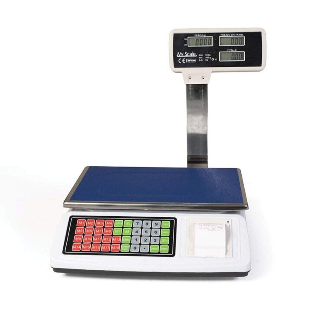 Bilancia da banco Bilza con scontrino elettronica portata 50kg, 6 display LCD retroilluminati, memoria prodotto, stampa ricevuta