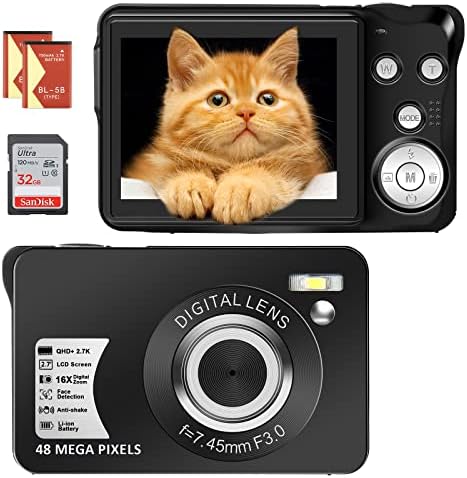 Digital Camera for Kids, 2.7K Digital Camera for Teens, Boys and Girls, 16X Digital Zoom Camera with 32GB SD Card and 2 Batteries (Black)