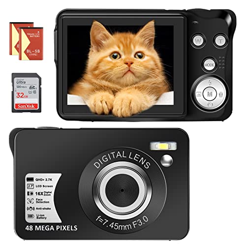 Digital Camera For Kids, 2.7K Digital Camera For Teens, Boys And Girls, 16X Digital Zoom Camera With 32Gb Sd Card And 2 Batteries (Black) #TOP1