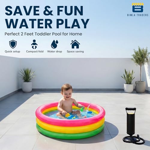 Image of Btag Premium Inflatable Family Swimming Pool for Kids & Adults | Extra-Large 24x6 inch 2 Feet 3-Layer Striped Bath Tub with Manual Air Pump for Home & Outdoor Use