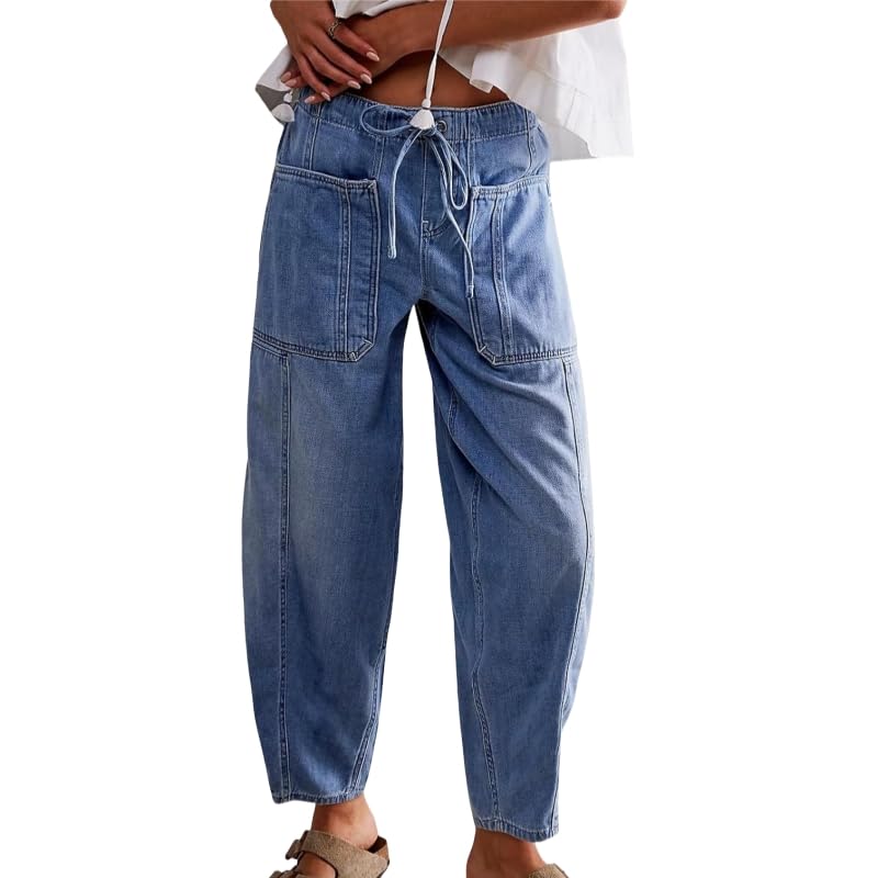 Womens Wide Leg Baggy Jeans Elastic Low Rise Barrel Jean Boyfriend Trendy Horseshoe Denim Pants with Patched Pockets