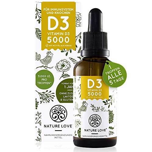 NATURE LOVE® Vitamin D3 5000 (50ml flüssig) - Laborgeprüfte 5000 I.E. (125 µg) pro Tropfen - in MCT-Öl aus Kokos - Hochwertig: sehr hohe Stabilität - Hochdosiert, in Deutschland produziert