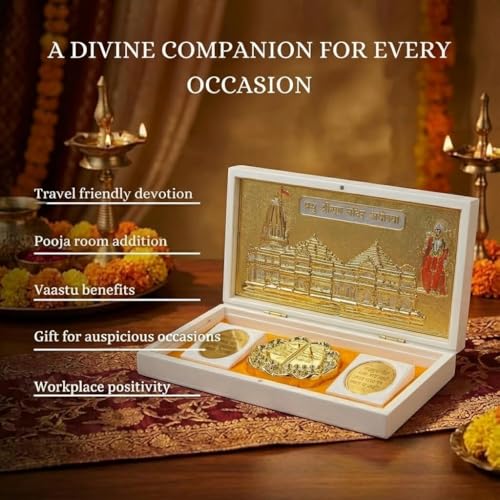 Image of Ayodhya Ram Mandir Pocket Temple for Wedding Gift, Housewarming Gift & Pooja Room Decor | Gold Plated Photo Frame with Charan Paduka - 8 Inches (White)