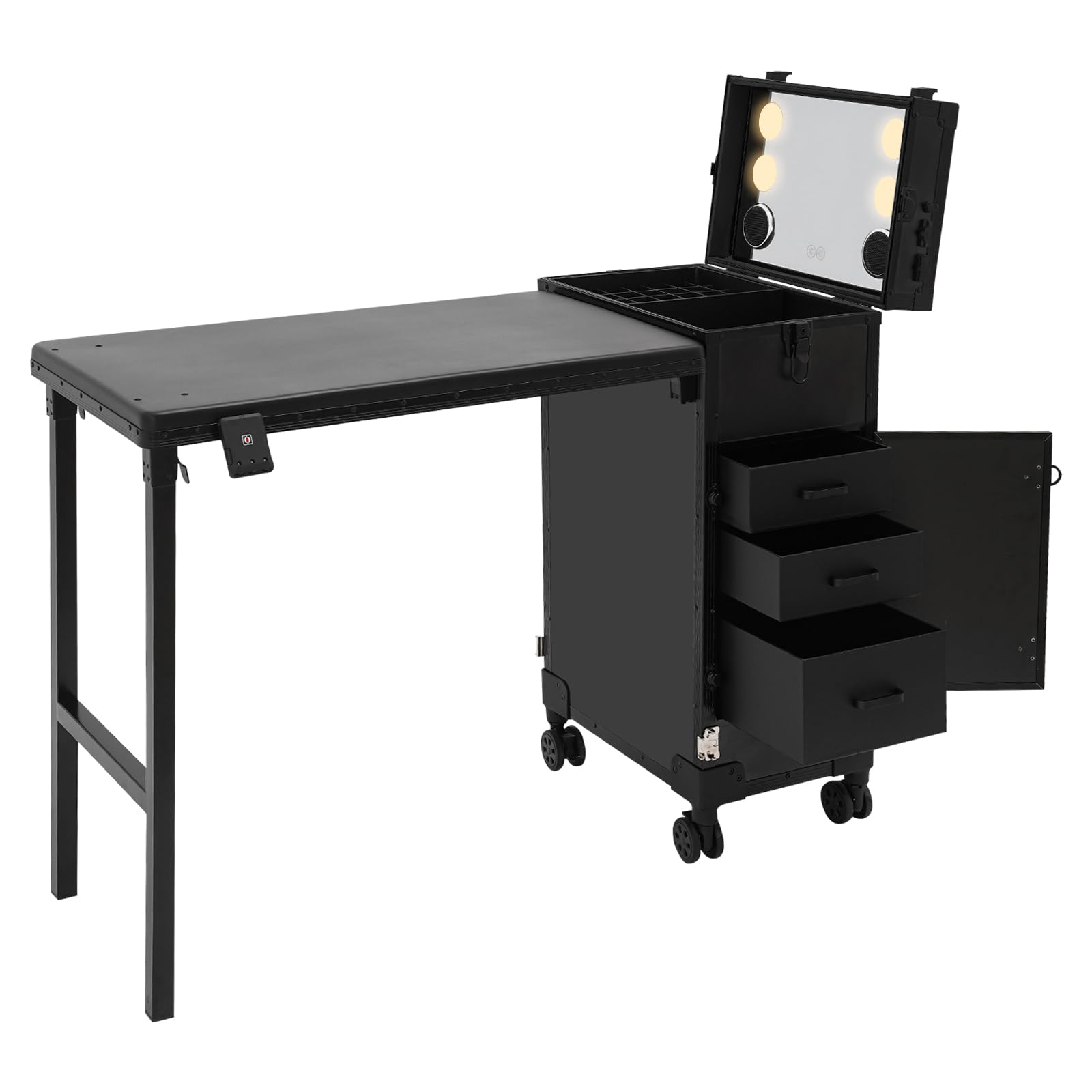 Trousse de maquillage professionnelle avec table, miroir LED et 3 tiroirs, table de manucure pour manucure, capacité de charge totale de 50 kg, couleur noire