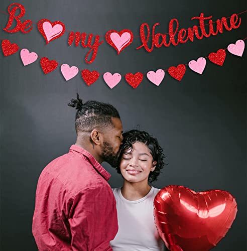 Image of FestikoRed Glitter Be My Valentine Banner and Red Pink Glitter Hearts Banner Happy Valentine's Day Garland Banner Valentines Day Wedding Engagement Party Fireplace Mantle Decorations Supplies