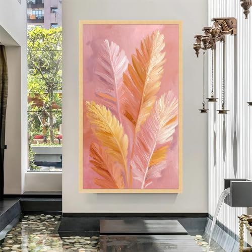 Toile plume rose art abstrait 21x30 cm avec cadre intérieur pour salon
