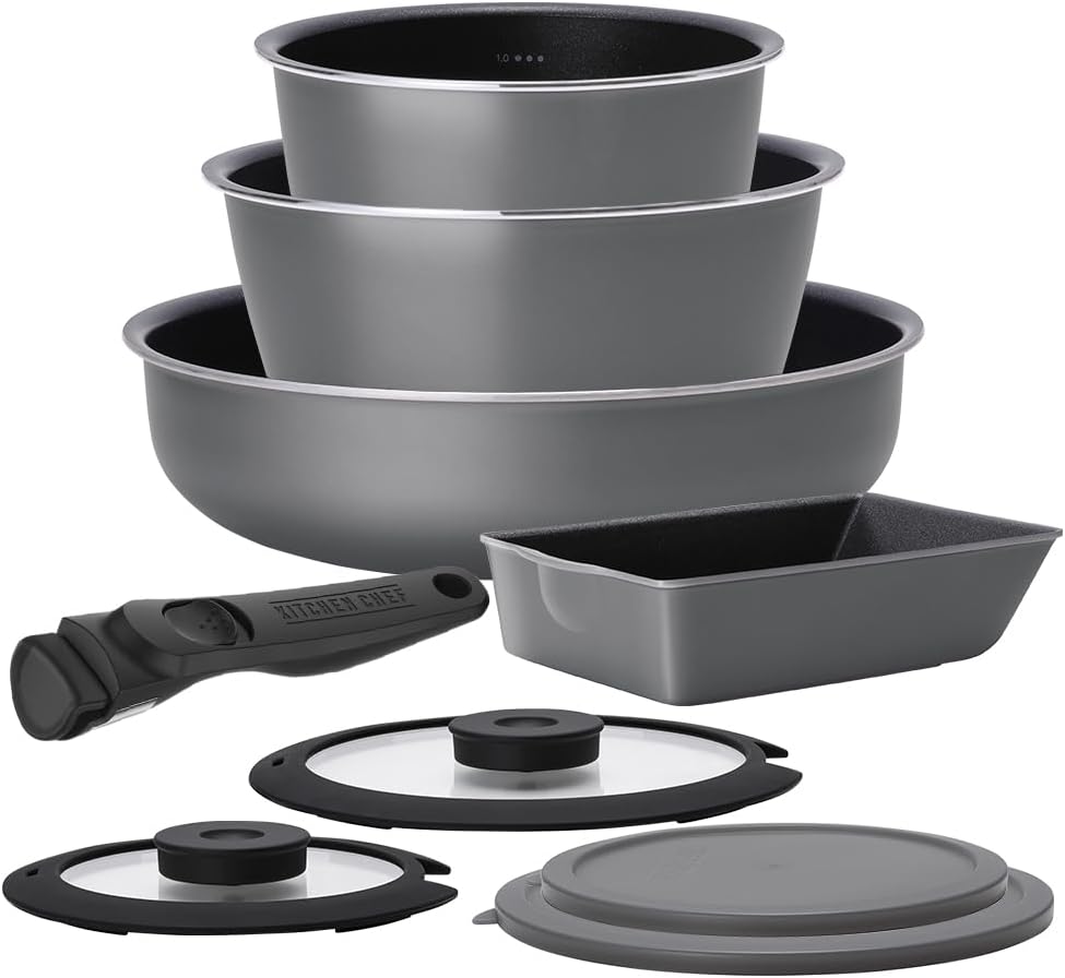 Iris Ohyama DCG-S9S D-Plus Series Deep Frying Pan and Pot Set, With Graduations, 9-Piece Set, With Egg Pan, For Gas Stoves, Oven Cooking, Royal Gray
