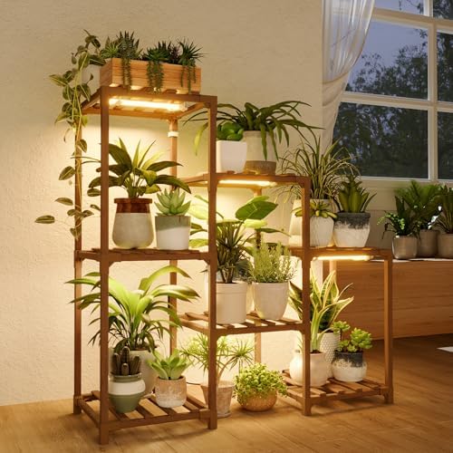 Bamworld Blumenständer mit Pflanzenlampe, 6-stöckiges Pflanzenregal aus Holz mit LED Grow Light, Pflanzenständer für Innenbereich, moderner Blumenhocker für Wohnzimmer & Balkon