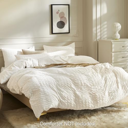 Image of JELLYMONI White Duvet Cover Full Size, 3pcs Washed Microfiber Bedding Set, Soft Breathable Seersucker Duvet Cover Set with Zipper Closure and Corner Ties for All Seasons