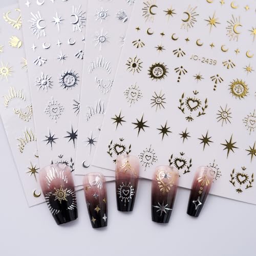 Bohemian Nail Stickers, Golden Silver Nail Stickers, Stars Moon Fingernail Art Design Fingernail Decals Fingertip Decal Self Adhesive for Women Girls