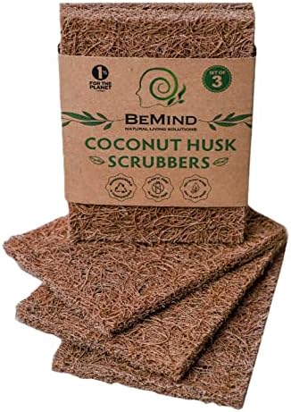 BeMind Coconut Husk Scrubber(3) Coconut Scouring Pads|Natural Dish Scrubber|Coconut Dish Scrubber|Eco Friendly Dish Scrubber|Coconut Scrubber|Coconut Husk Sponge|Coconut Husk Scouring Pad|Non-Scratch
