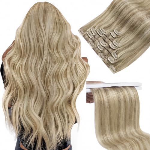 Image of Sunny Hair Clip in Hair Extensions Real Human Hair Blonde Highlight 20inch | Golden Blonde Clip in Hair Extensions, Thicker Ends and Balanced Fullness with Flowing Shape for Girls Night 135g