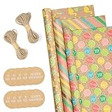 Paquete: 3 rollos de papel kraft para envolver con diseño colorido vienen con etiquetas de regalo, juego perfecto para envolver regalos.
