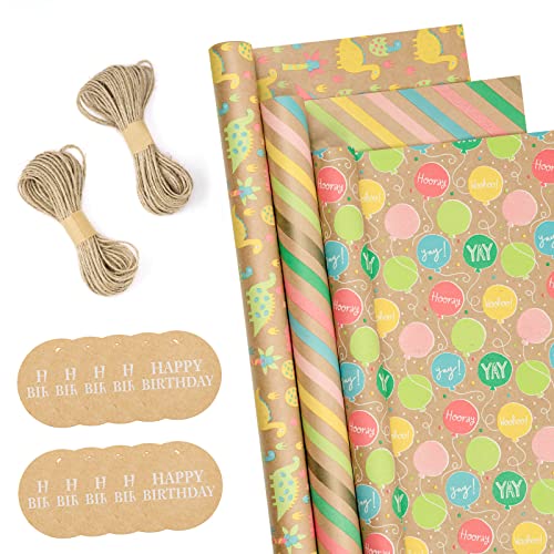 RUSPEPA Rollos De Papel Para Envolver Con Etiquetas De Regalo - 43 cm X 3 m Por Rollo, Total De 3 Rollos, Dinosaurios, Globos Y Rayas Cover